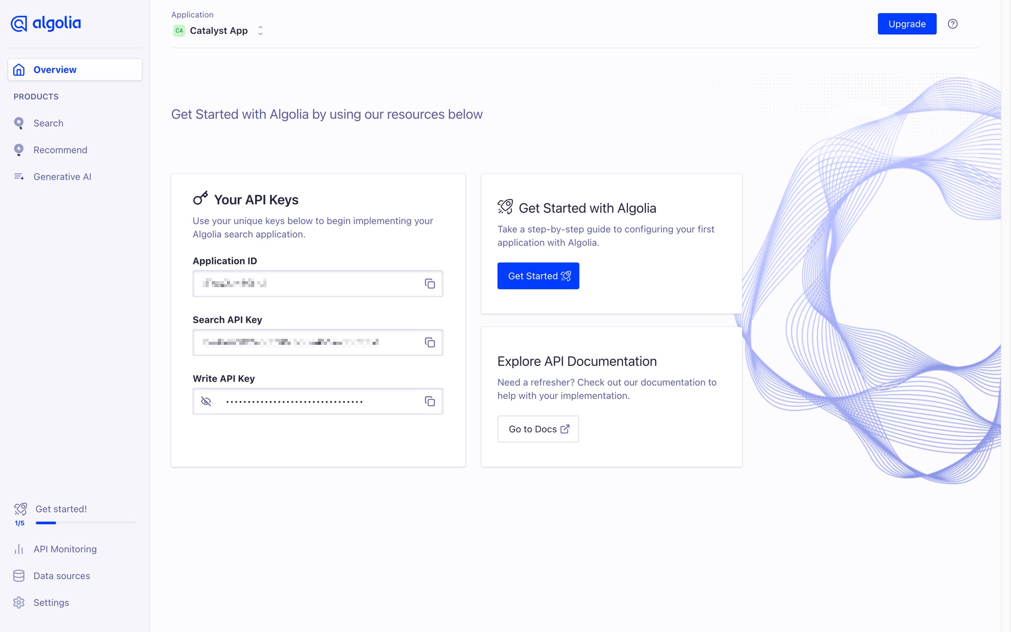 Algolia application overview showing the Application ID and Search API Key