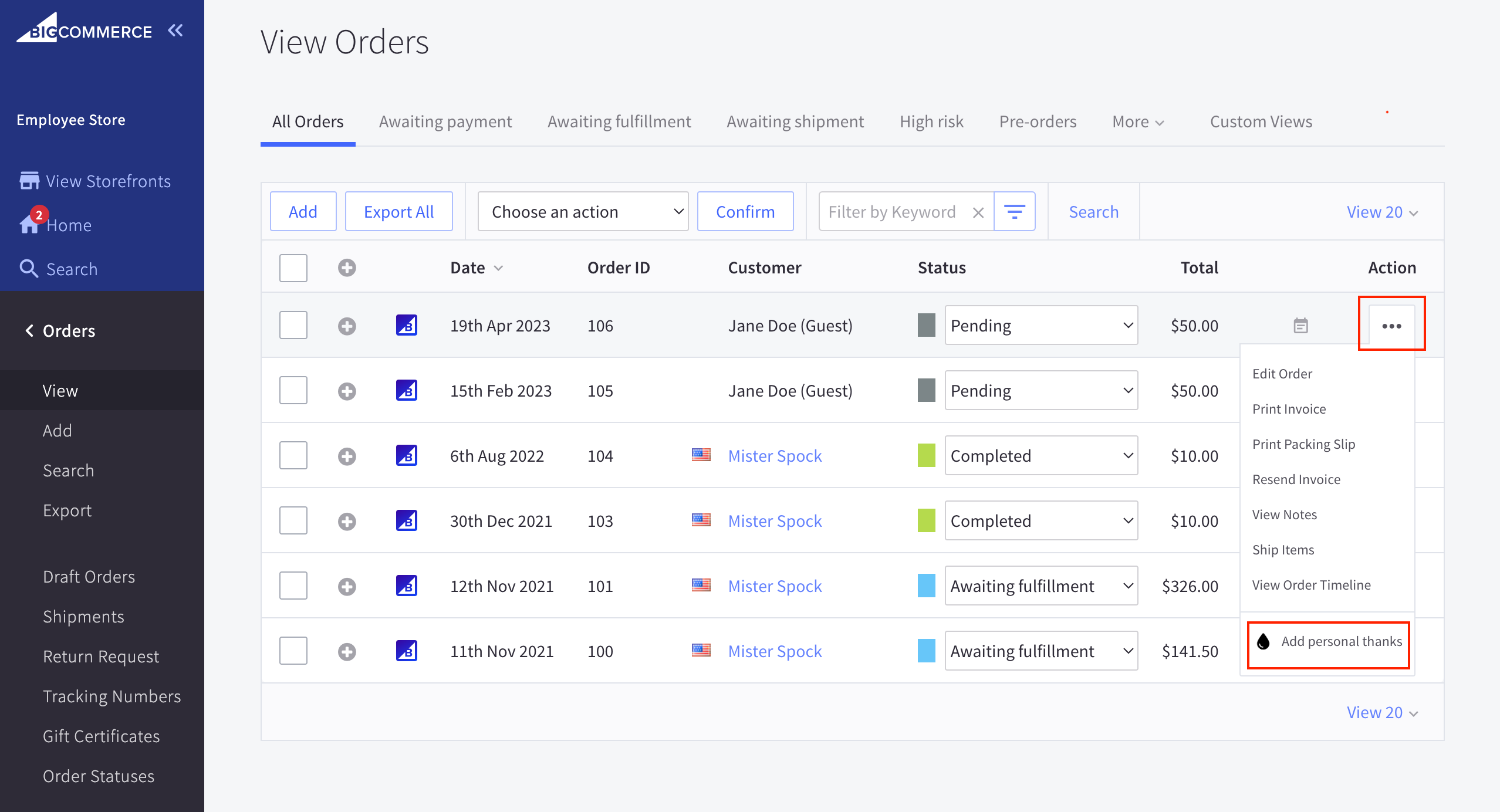 The same App Extension menu item on the Orders page as the preceding set of tabs, rendered in a control panel configured to use English.