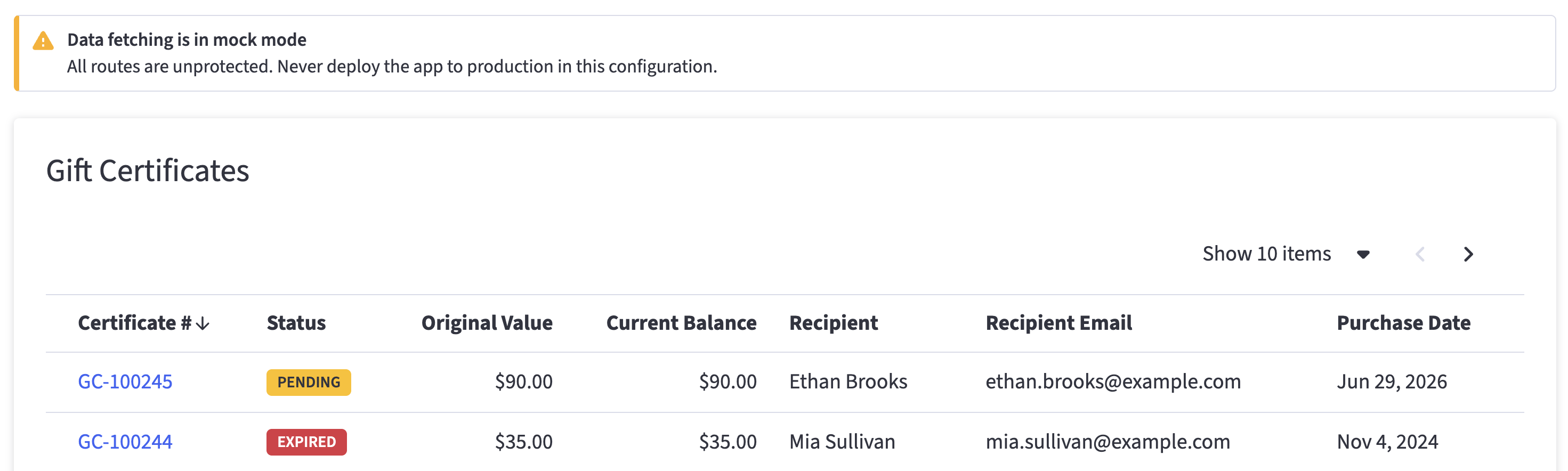 Gift certificates list with mock data