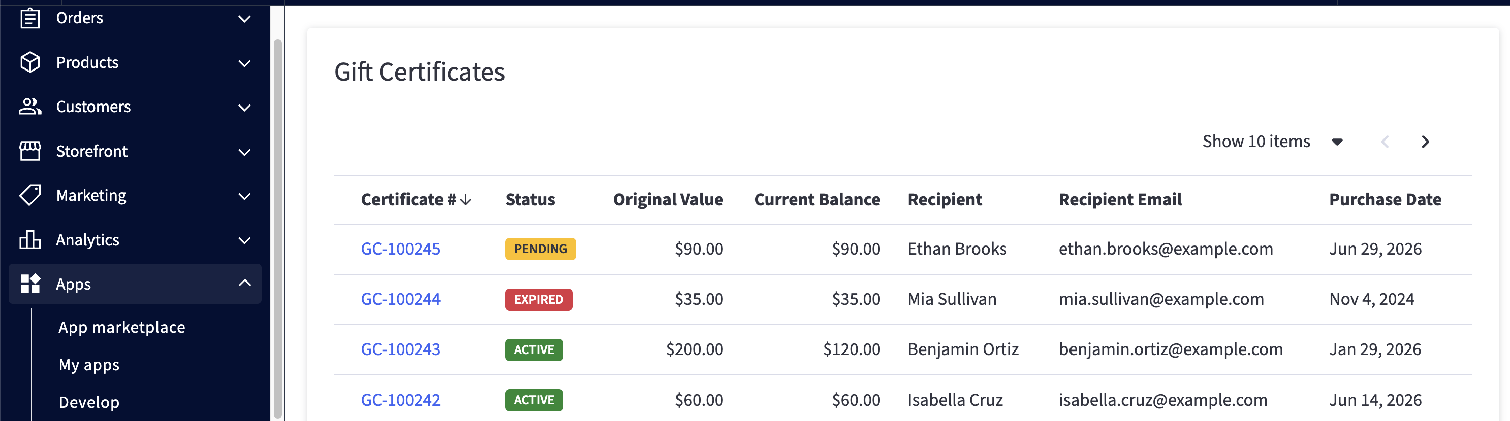 Gift certificates list in control panel