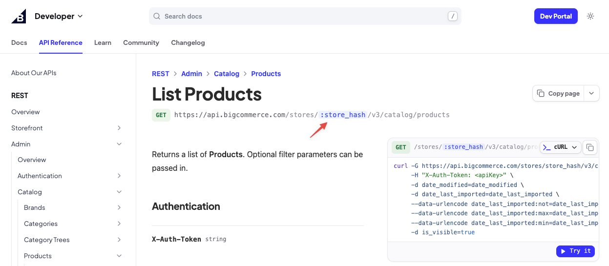 store_hash rendered as a highlighted path parameter in the request URL bar