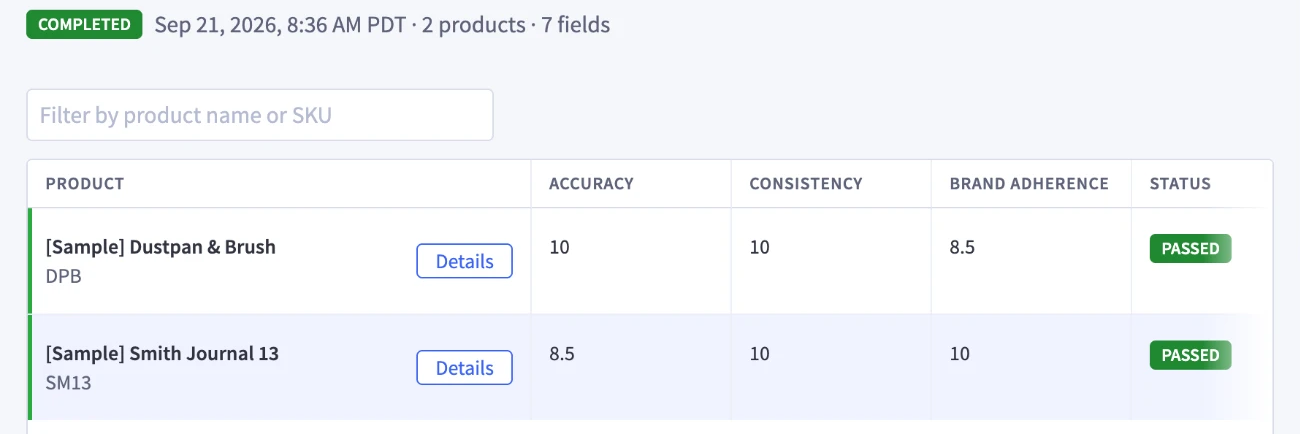 Enrichment results table listing products with columns for accuracy, consistency, and brand adherence scores and a status column. Two products are listed, each scoring between 8.5 and 10 across the factors, both marked passed.