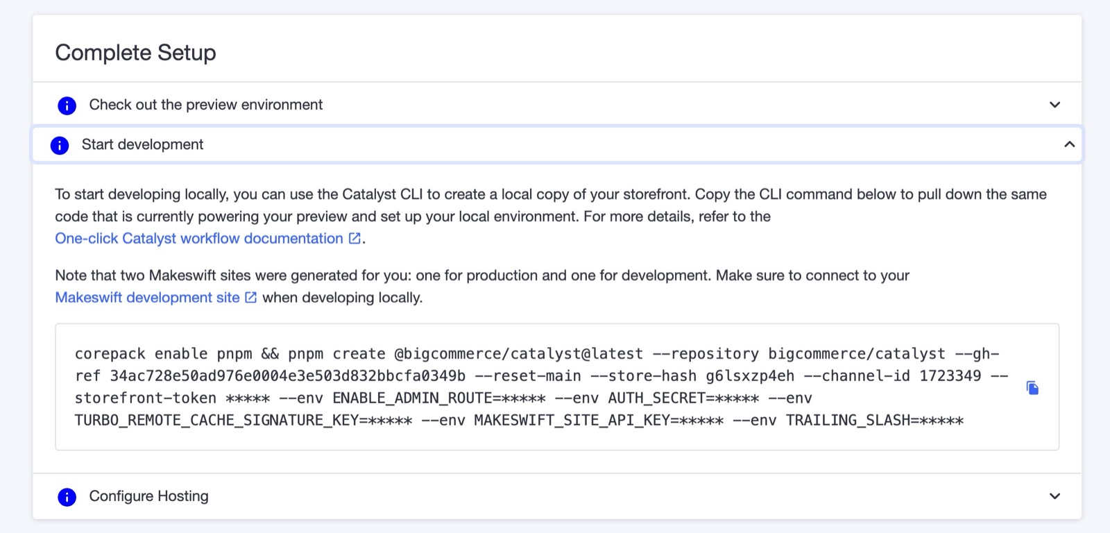 Catalyst storefront dashboard showing a complete setup section that includes a terminal command.
