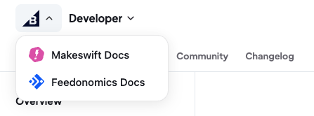 BigCommerce logo opened to reveal a dropdown with links to the Makeswift and Feedonomics docs sites