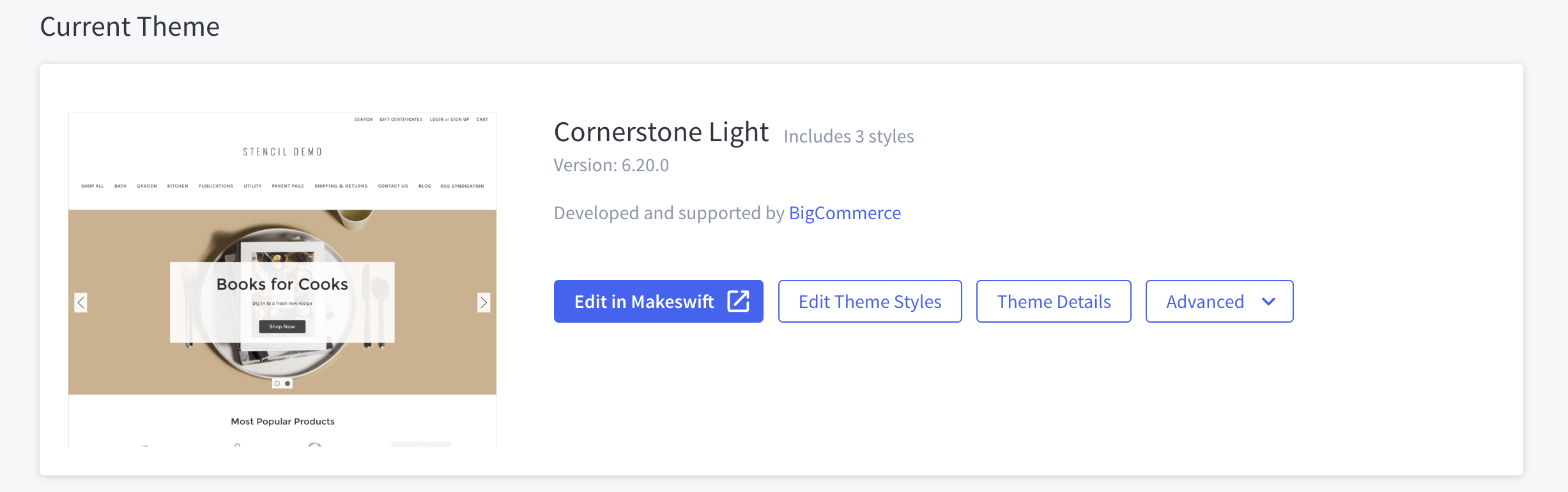 Channel entry with Edit in Makeswift and Theme Styles buttons