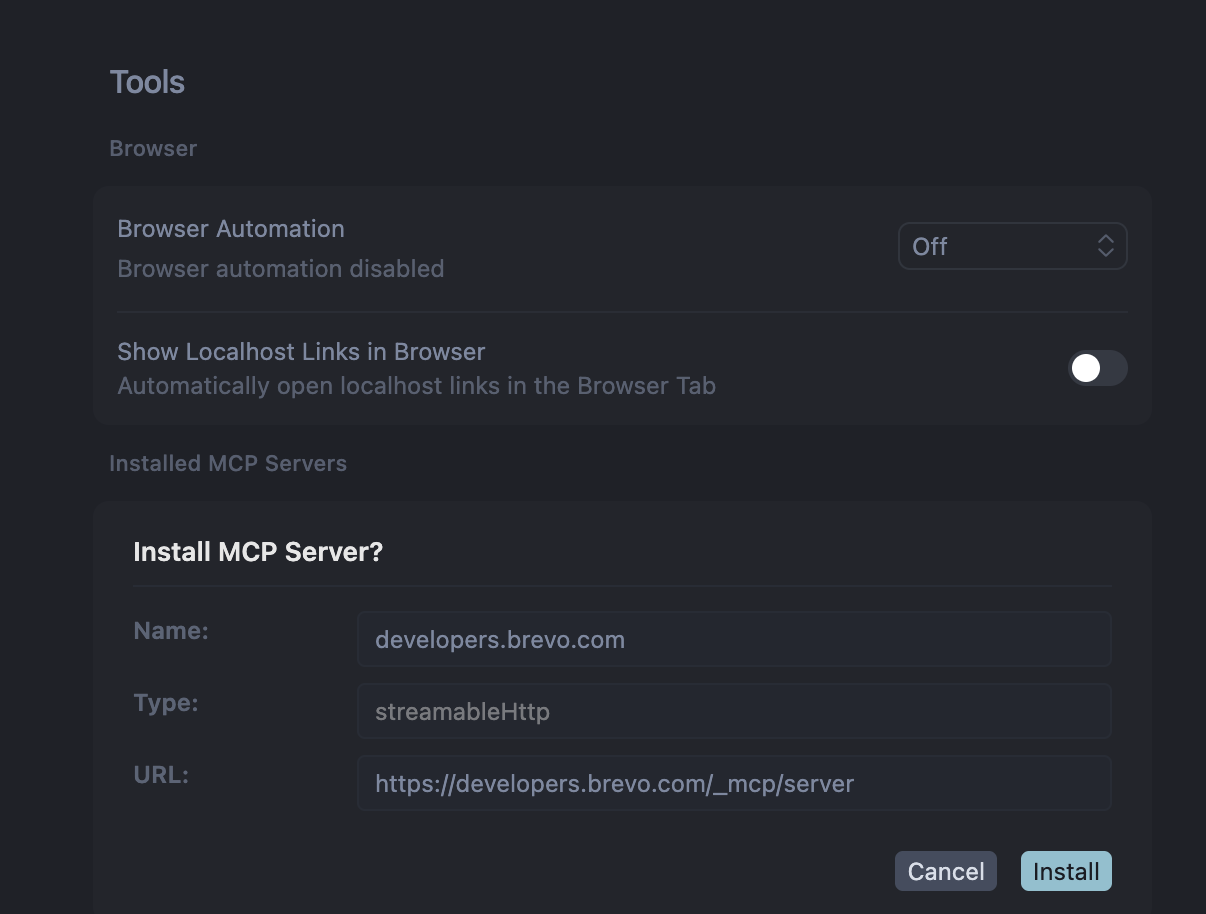 MCP Server installation panel in Cursor Settings