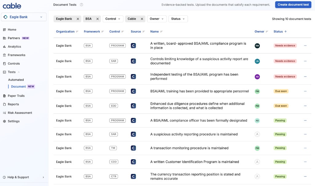 Document Tests list