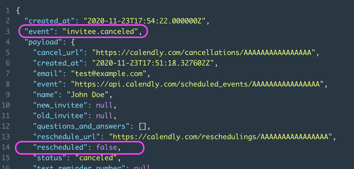 invitee.canceled payload for a rescheduled event