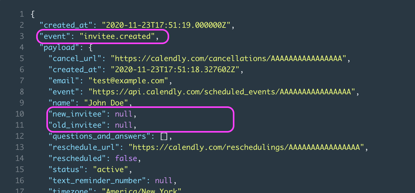 invitee.created payload for a rescheduled event
