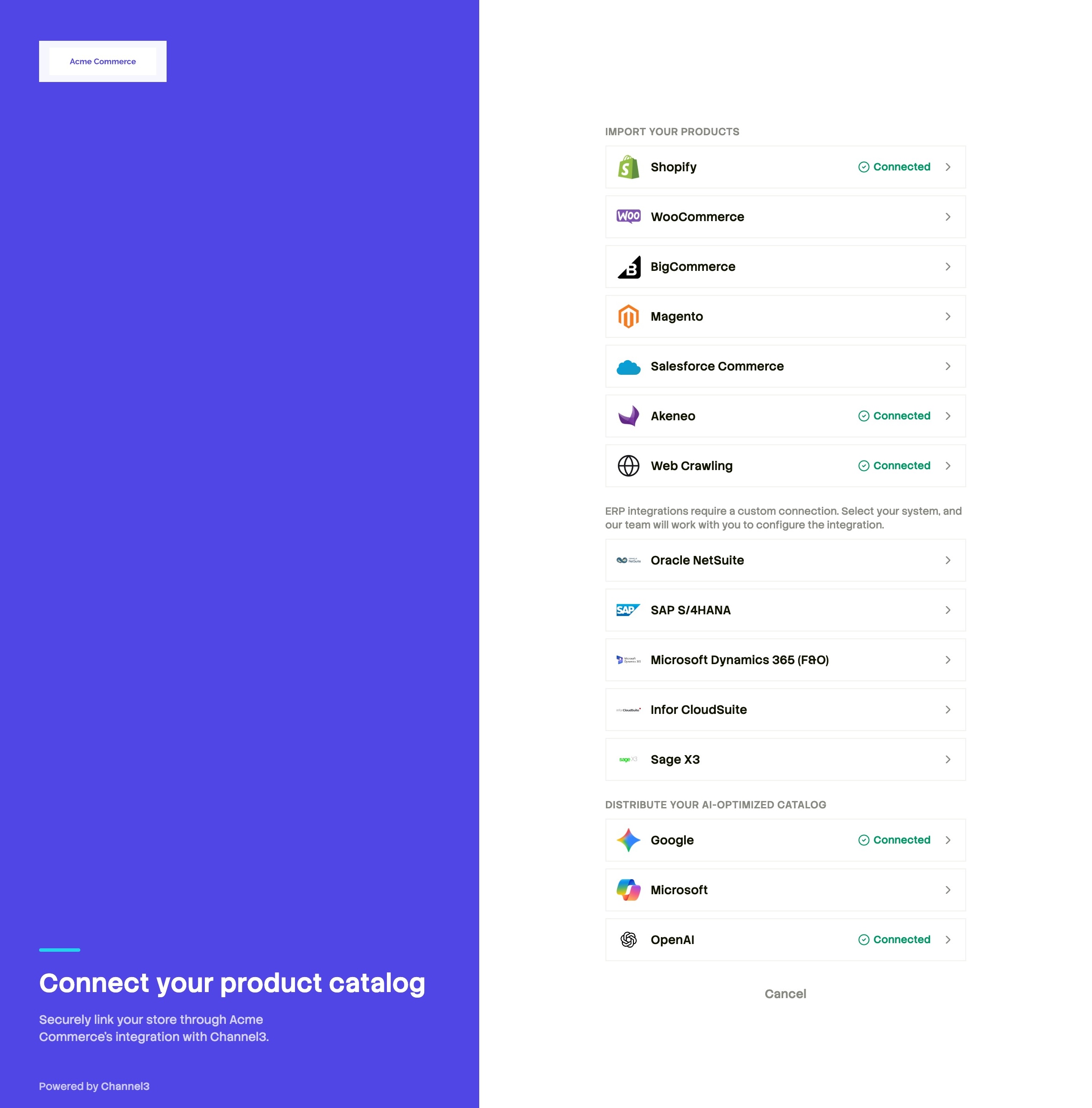 Connect page showing import sources like Shopify and WooCommerce, and distribution destinations like Google, Microsoft, and OpenAI