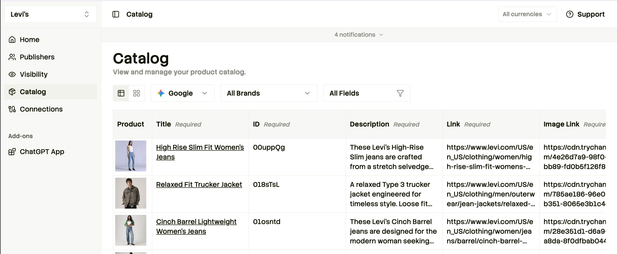 Catalog view showing Levi's products with titles, IDs, descriptions, and image links