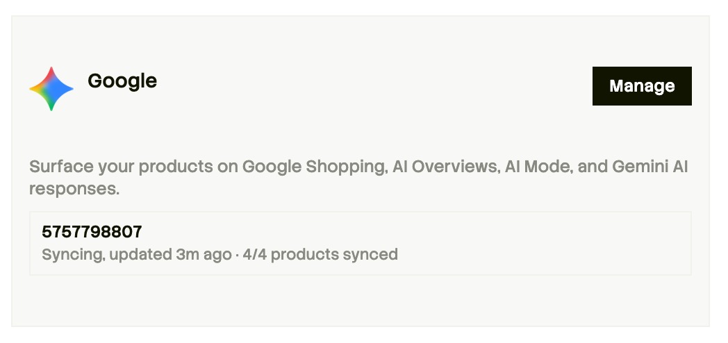 Google connection card showing merchant ID, sync status updated 3 minutes ago, and 4 of 4 products synced