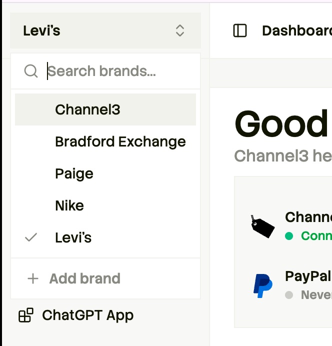 Brand selector dropdown showing managed merchants including Levi's, Nike, and Paige