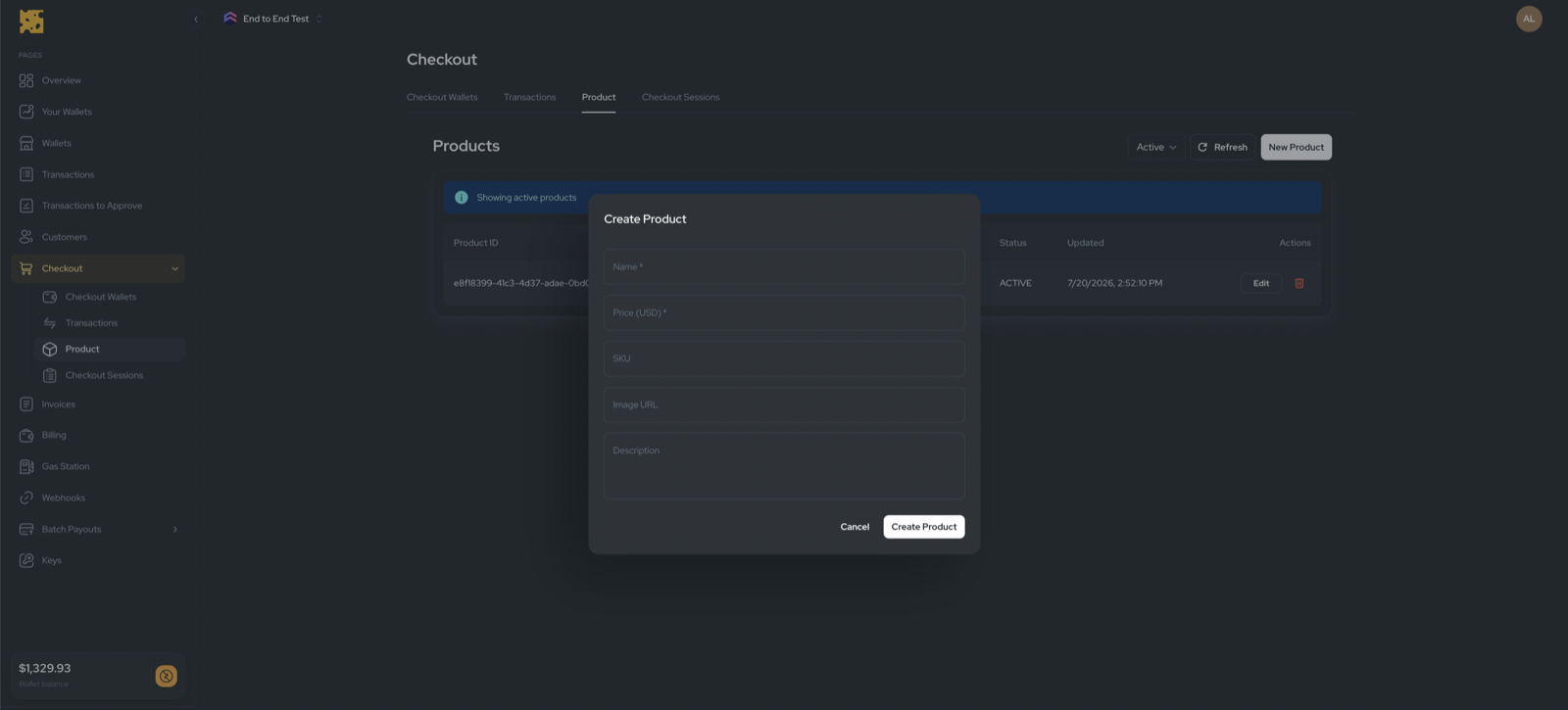 New Product dialog with name, price, SKU, image, and description fields