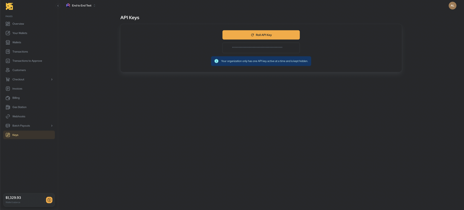 Dashboard API Keys page with the Roll API Key button