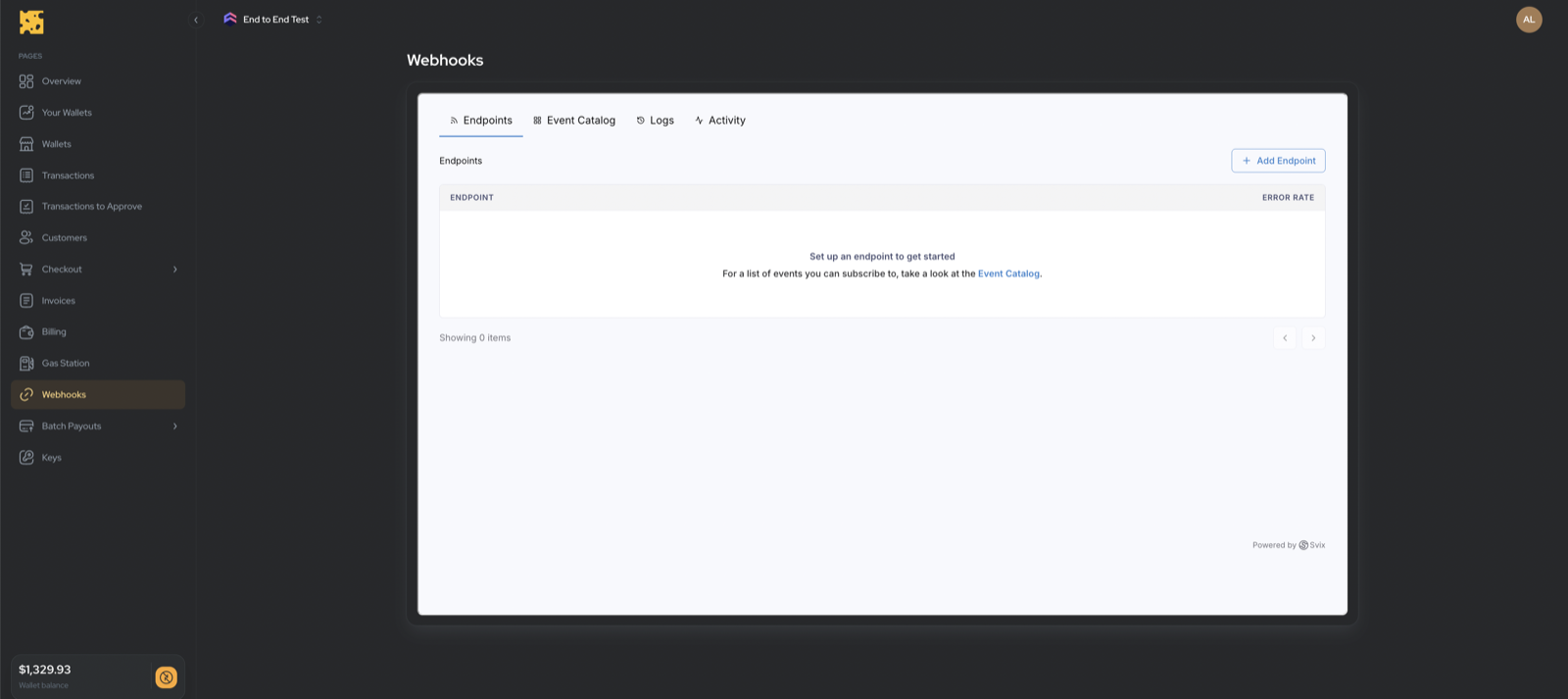 Dashboard Webhooks page with the Svix management UI