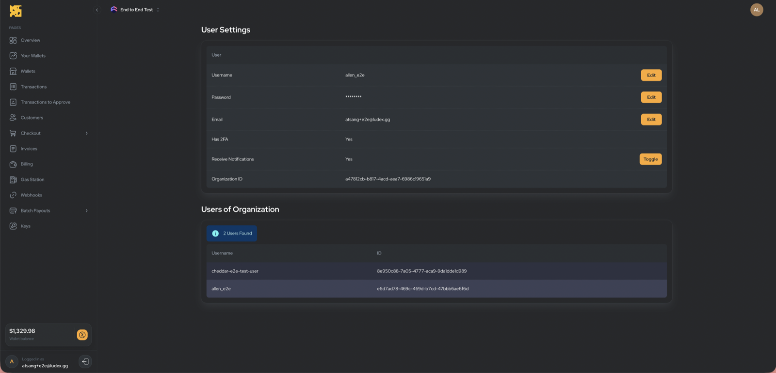 User settings page
