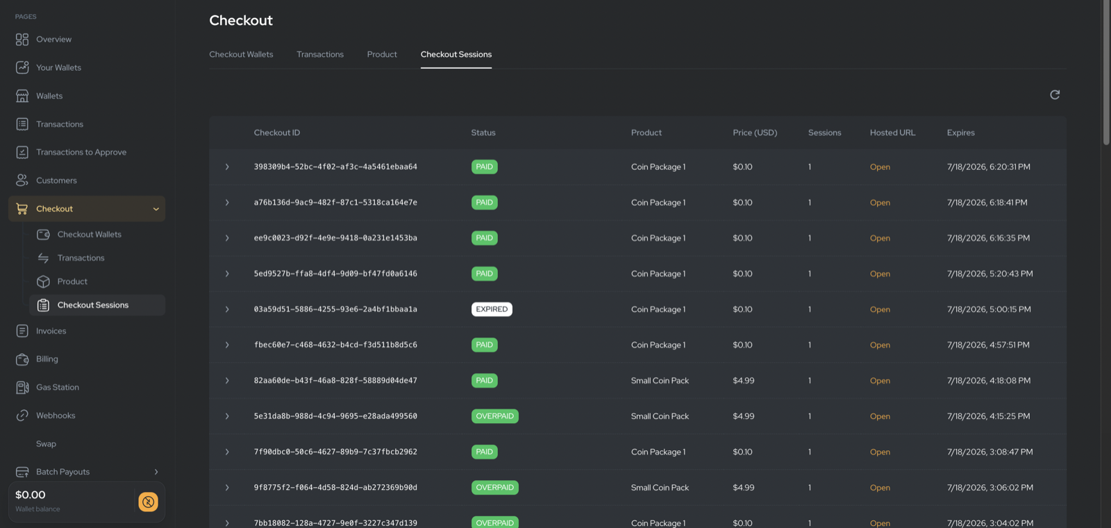 Checkout sessions list with hosted URL column
