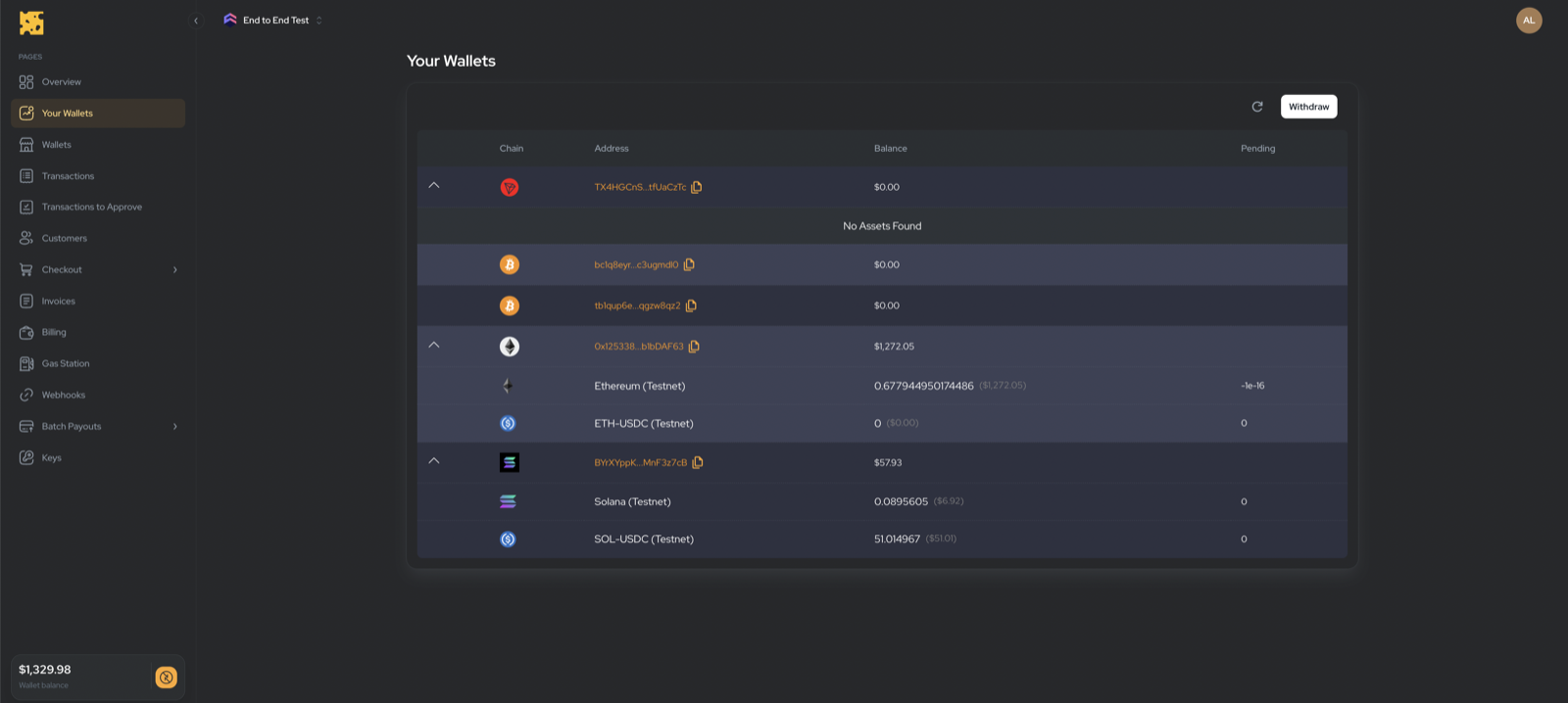 Wallet balance card with the Withdraw action