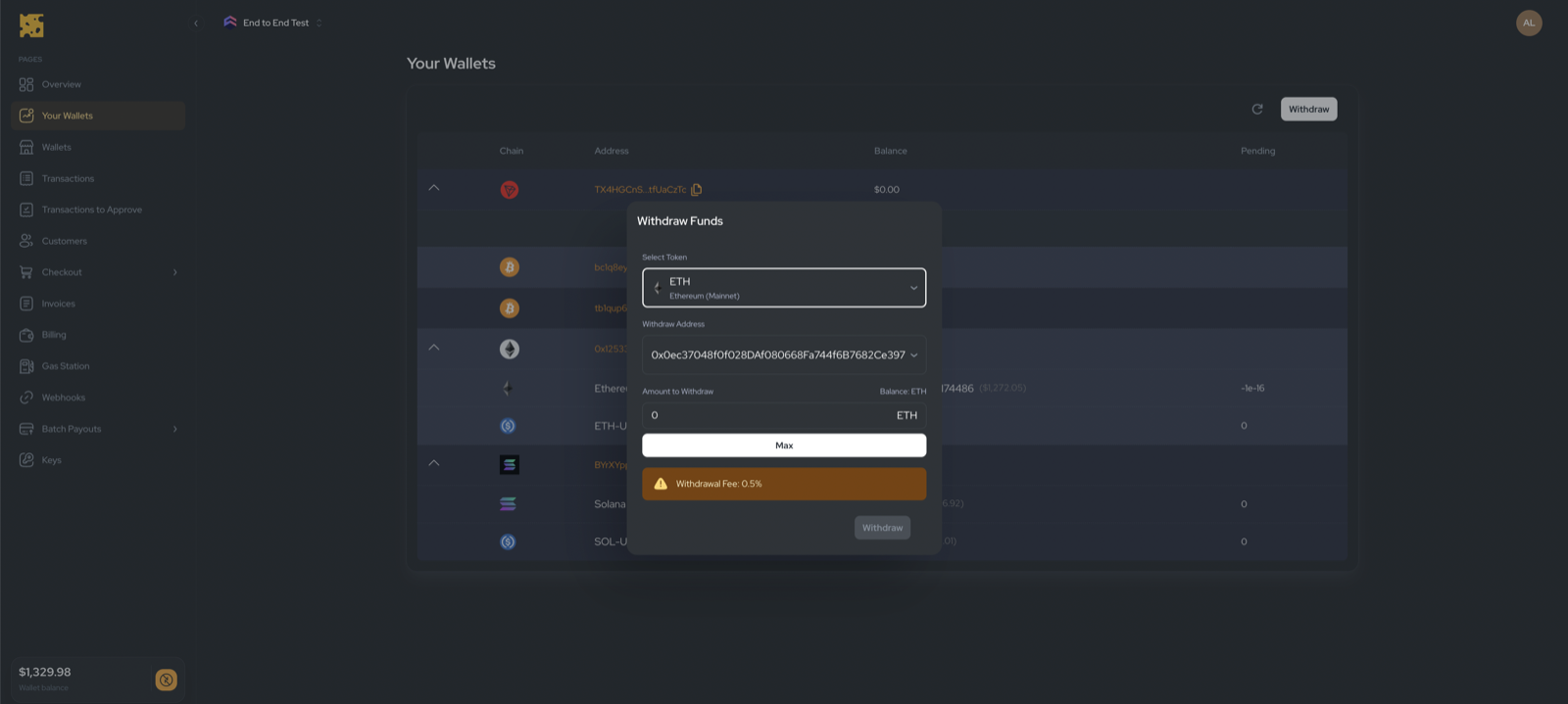 Withdraw Funds dialog with token, address, and amount fields