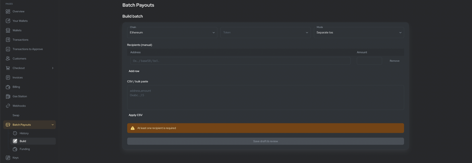 Batch Payouts Build page with recipient table and CSV paste