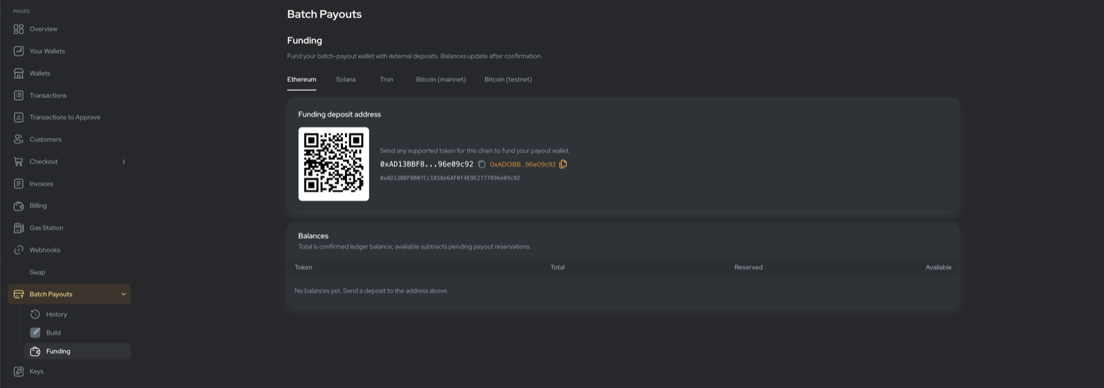 Batch Payouts Funding tab with deposit address QR and balances table