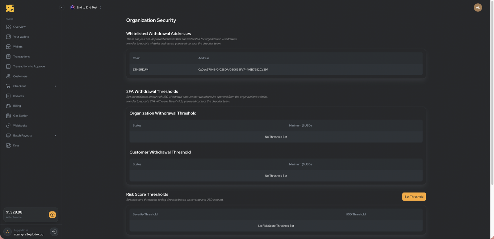 Organization security page with whitelisted addresses and thresholds