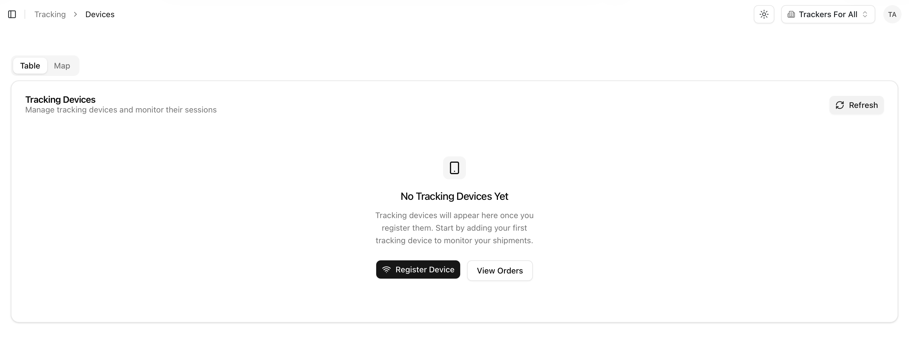 Tracking Devices page with the Register Device button