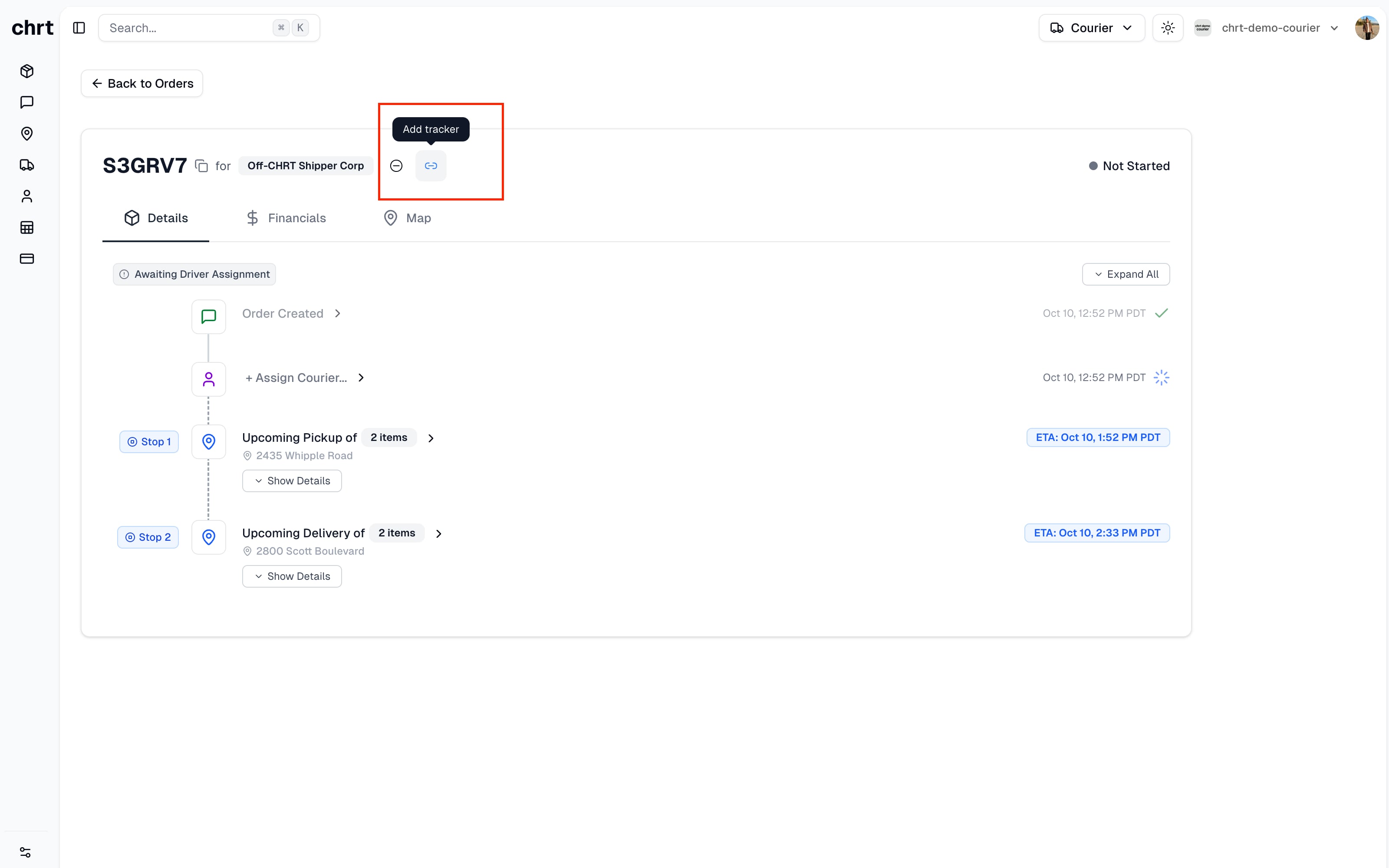 Order page with Add Tracker open in the order header