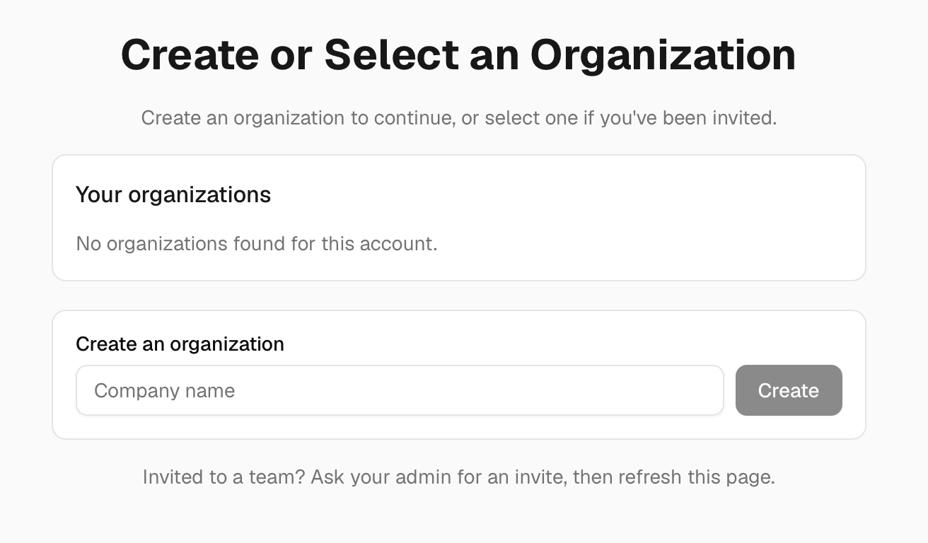 Create or Select an Organization screen with company name field