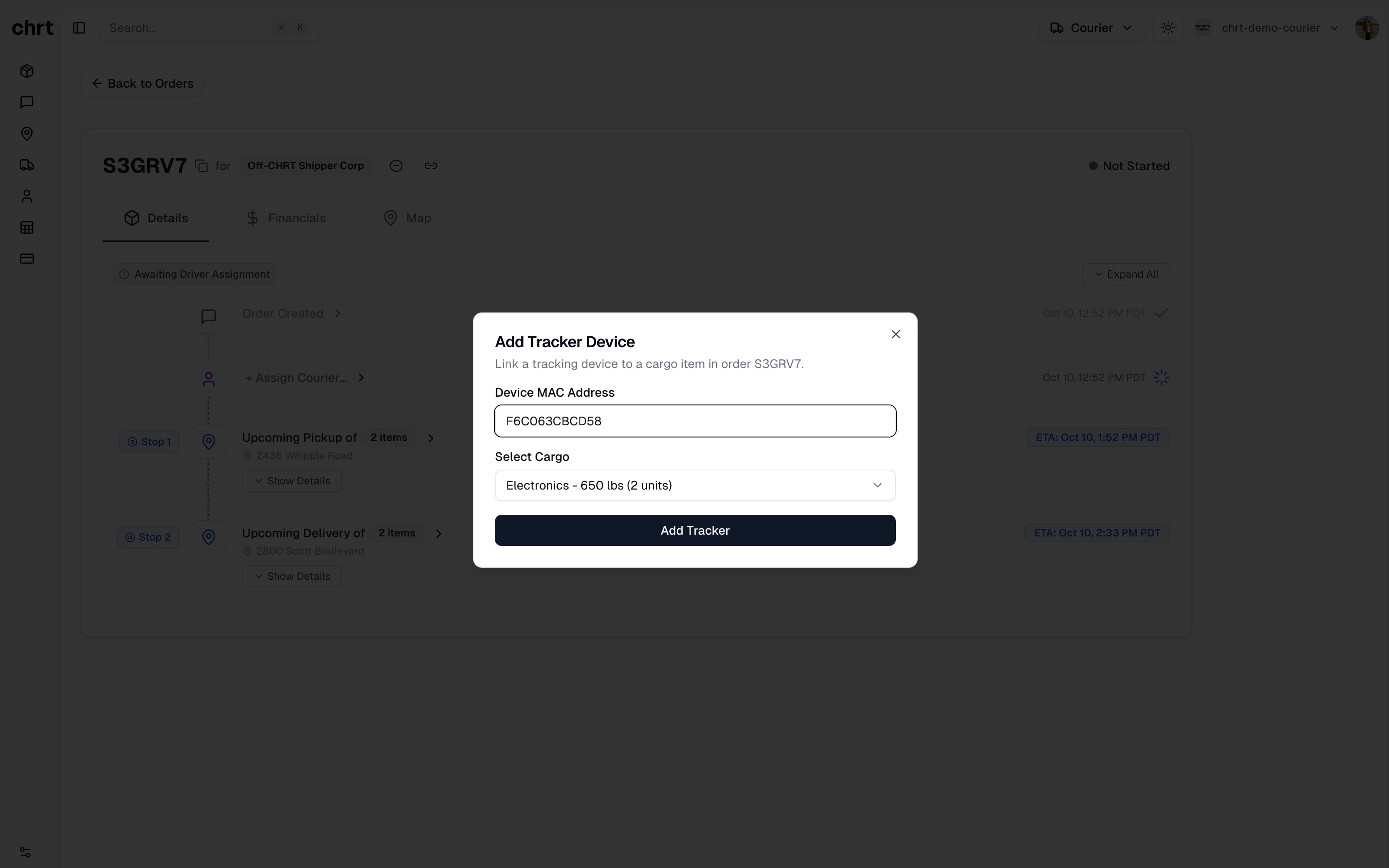 Add Tracker Device dialog with register and existing-device modes