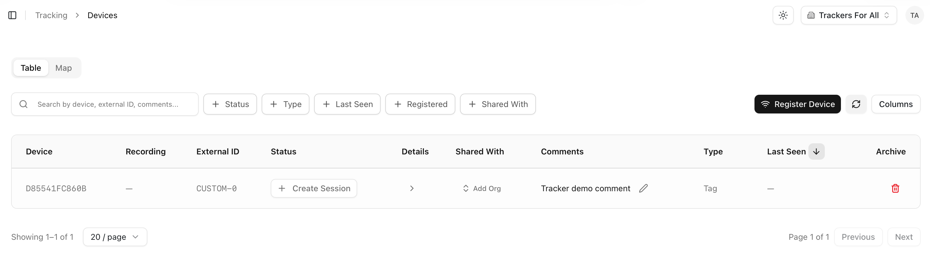 Registered tracking device row with the Create Session button