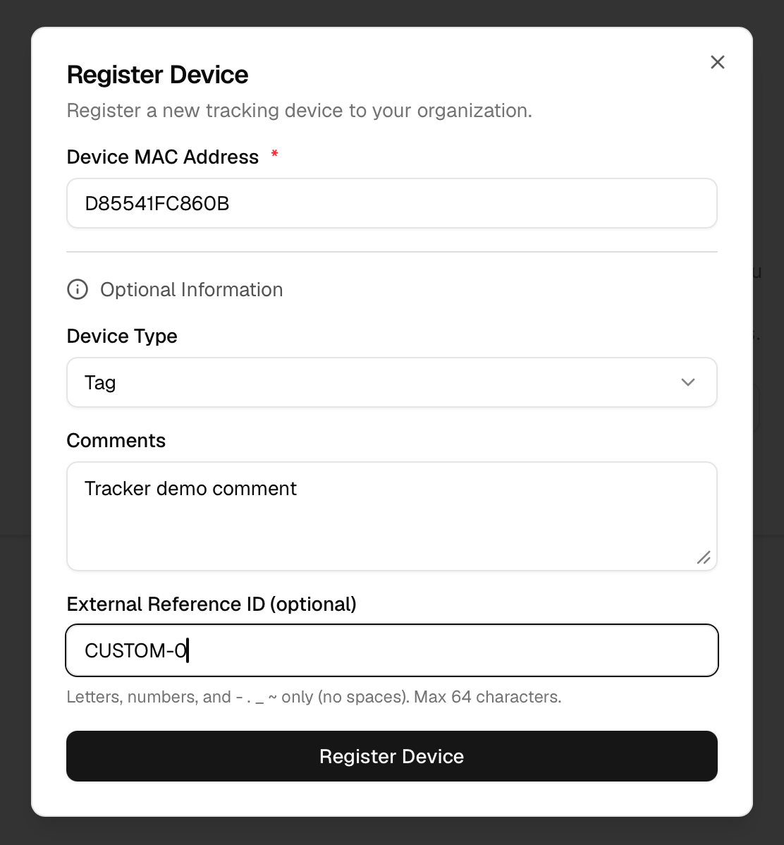 Register Device dialog filled with device type, comments, and external reference ID