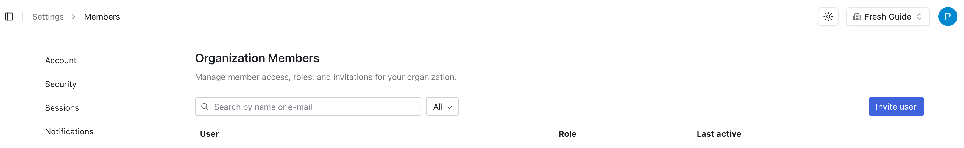 Members settings page with the Invite user button