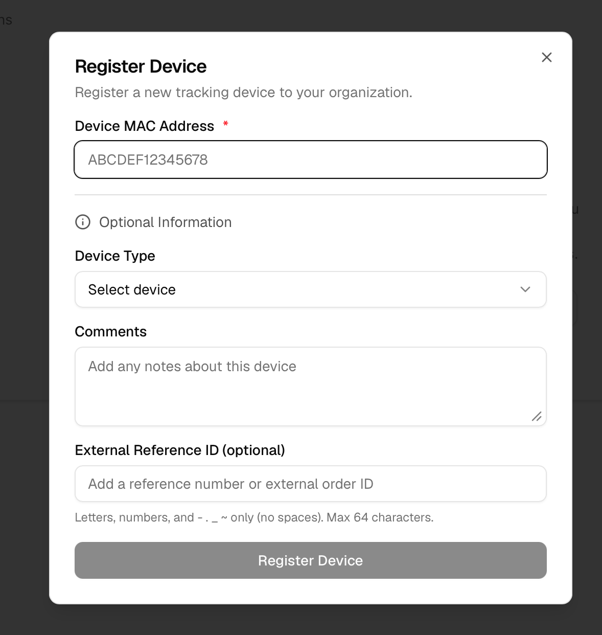 Register Device dialog with the Device MAC Address field