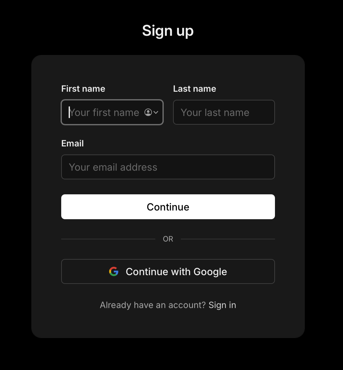 chrt sign-up form with first name, last name, email, and Continue button