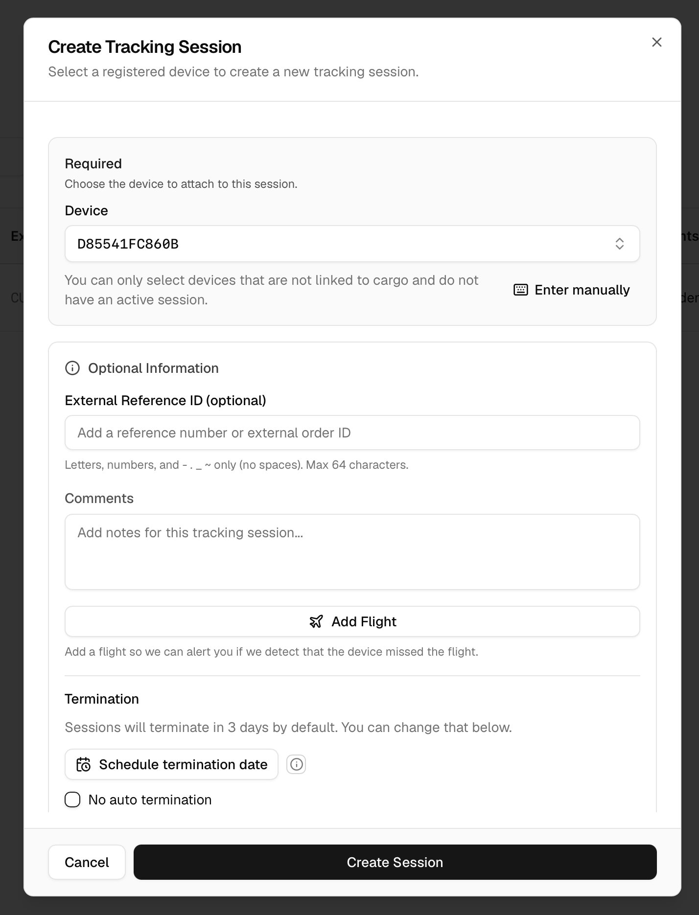Create Tracking Session dialog with selected device and the Create Session button