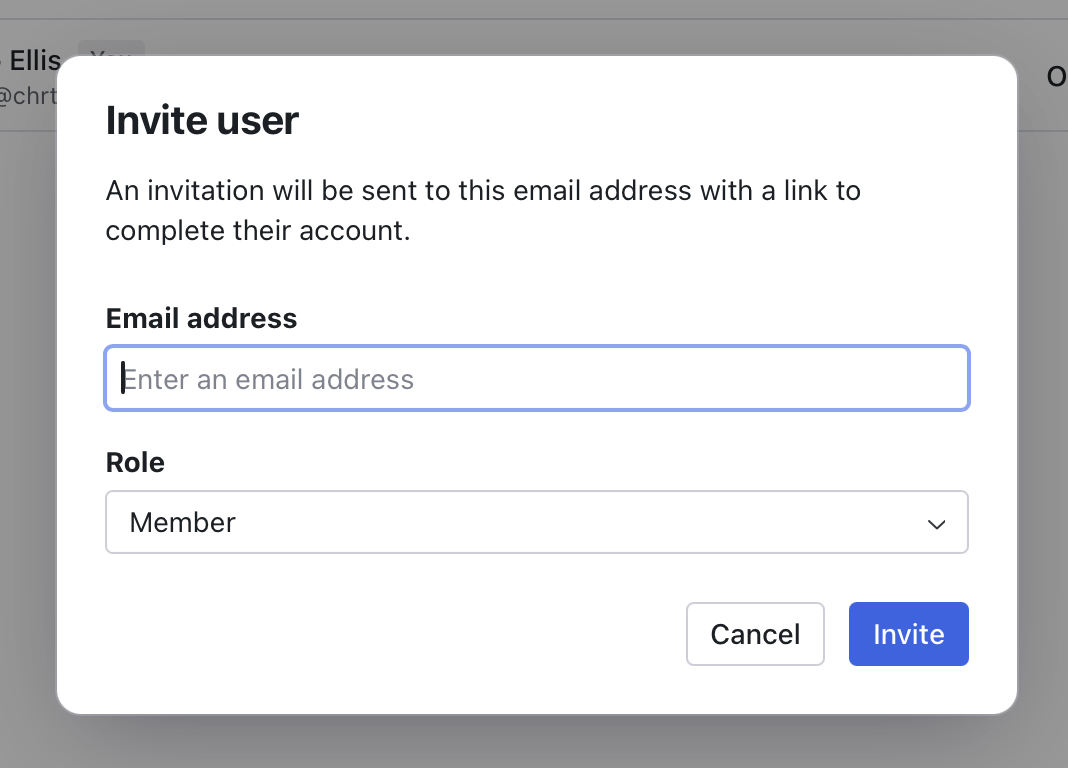 Invite user dialog with email address and role fields
