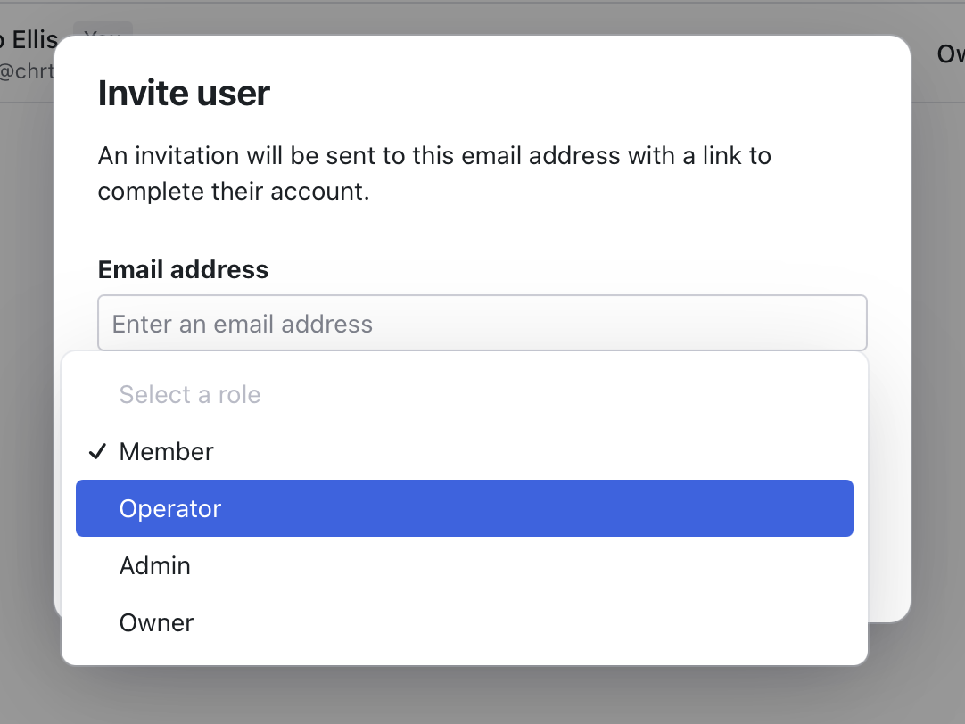 Role dropdown showing Member, Operator, Admin, and Owner options