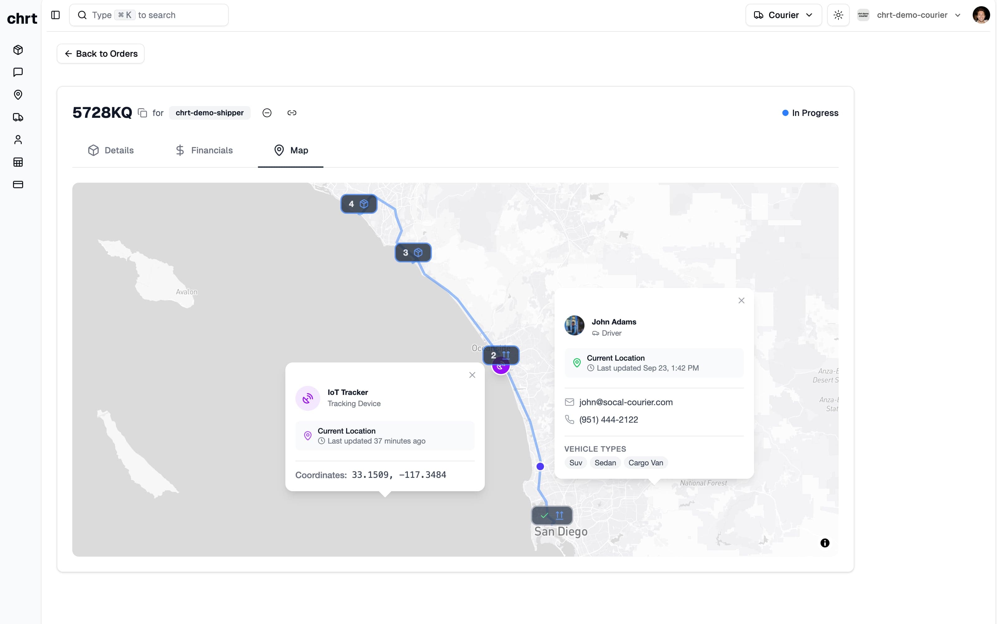 Order Map tab with both a driver marker and a cargo tracker visible