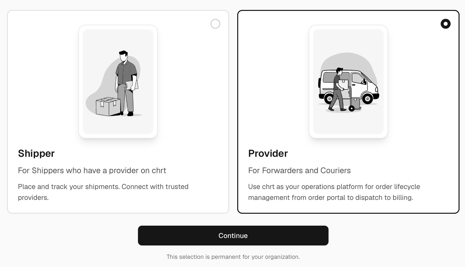 Provider option selected on the chrt mode selection screen