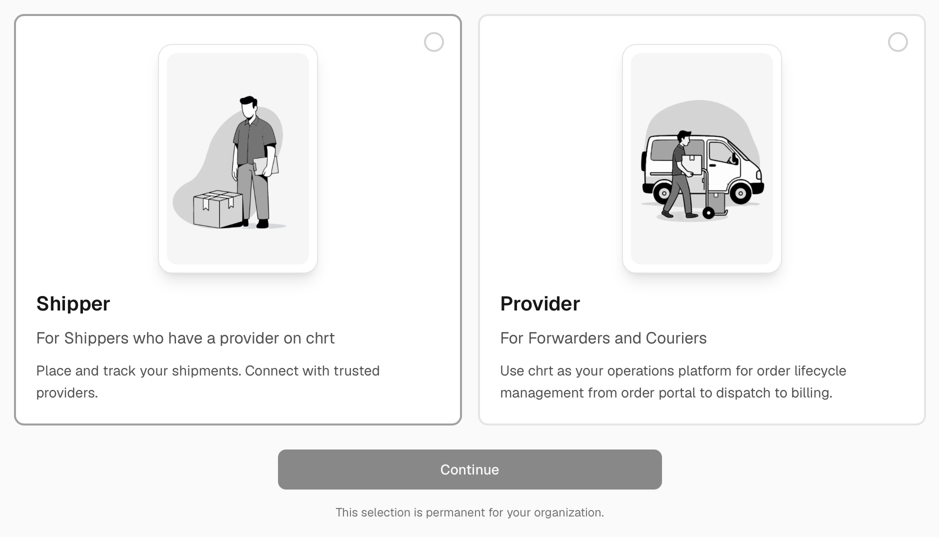 Shipper option selected on the chrt mode selection screen