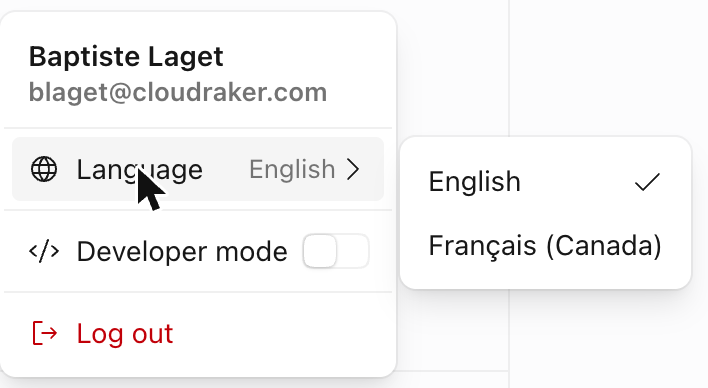 Profile menu with the Language submenu open, showing English selected and Français (Canada)