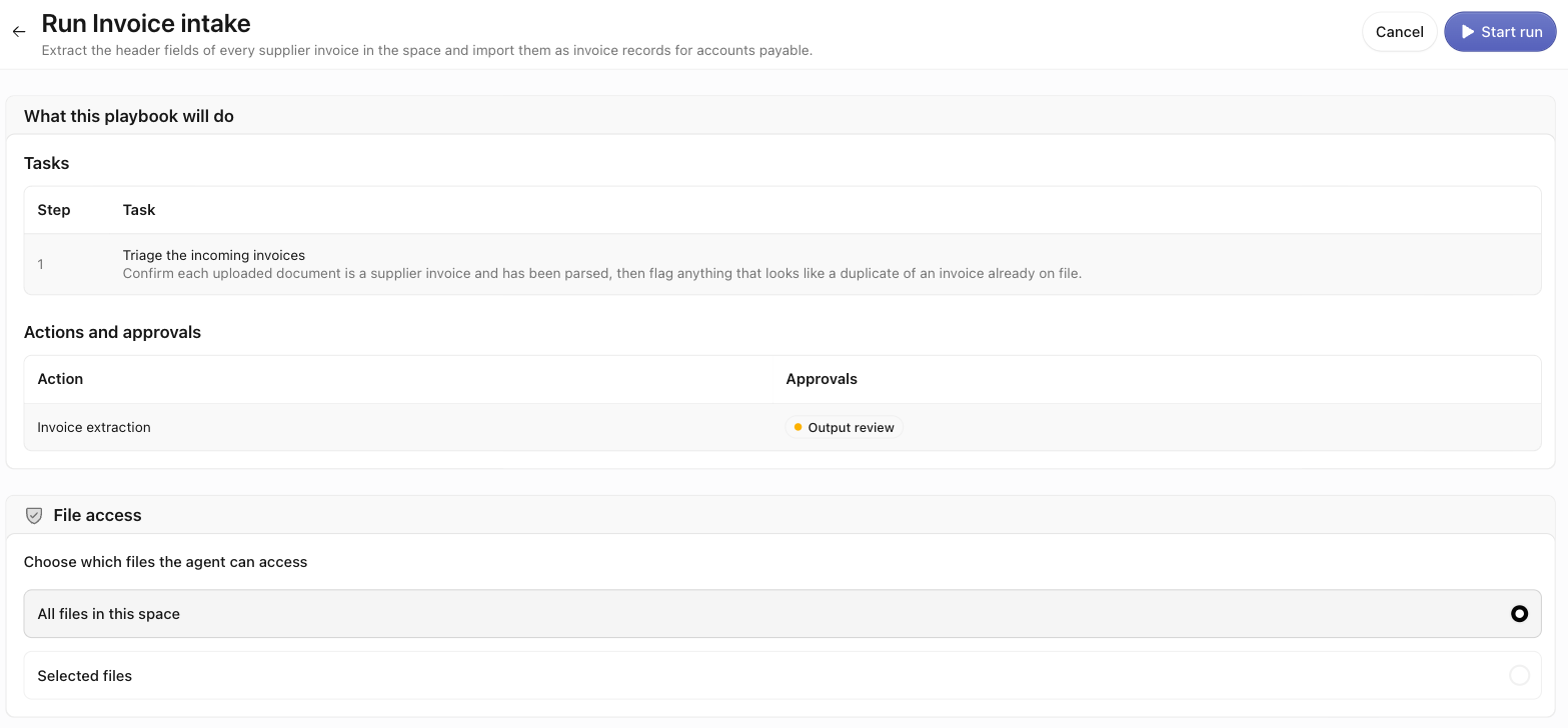 The Run playbook launcher for 'Invoice intake' with the Tasks table, the Actions and approvals table, and the File access radio choices