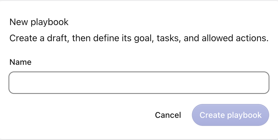 The 'New playbook' dialog with a Name field and the Cancel and Create playbook buttons