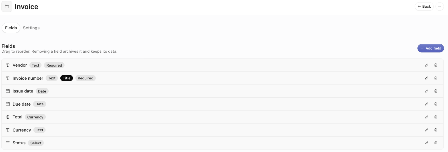 The Fields tab of the Invoice record type listing fields with type, Title, and Required badges