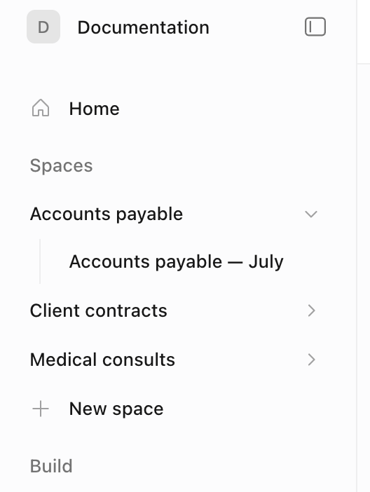 The sidebar Spaces group with the Accounts payable space type expanded to show a space, and the New space link below