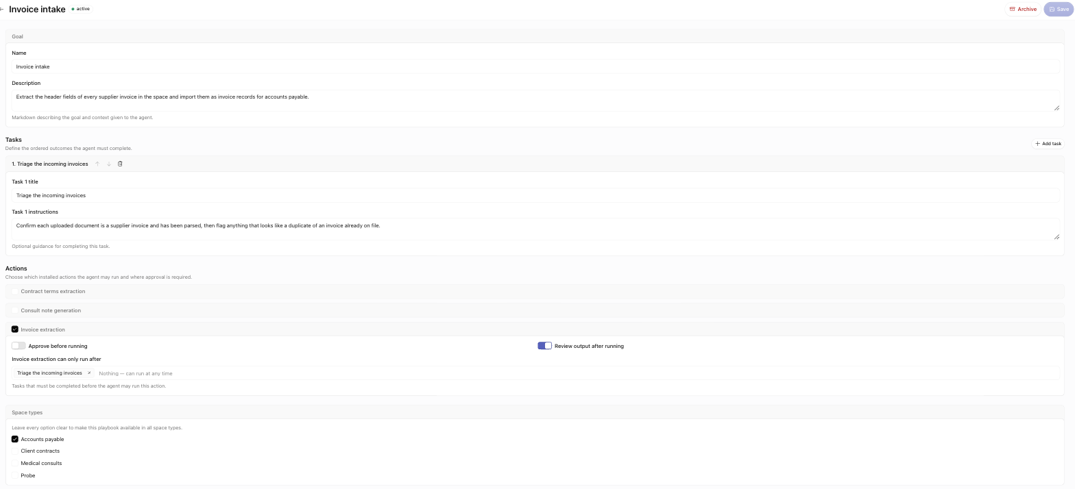 The playbook editor for 'Invoice intake' showing the Goal, Tasks, Actions with approval toggles, and Space types sections