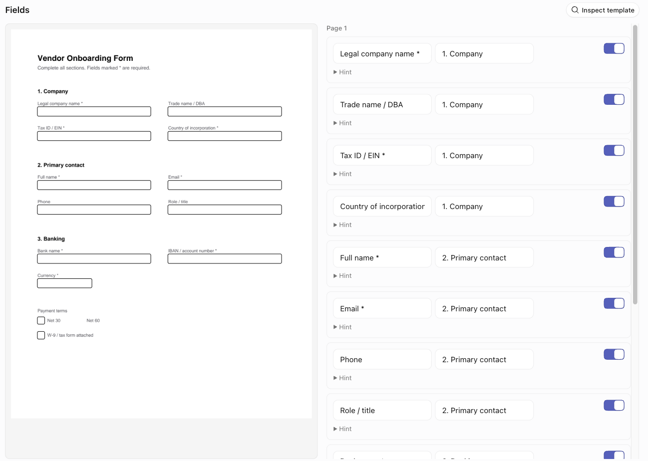 The Fill form field-curation editor after inspecting a vendor onboarding template: the form preview on the left, detected fields on the right with a label, a section, an include toggle, and a collapsible Hint