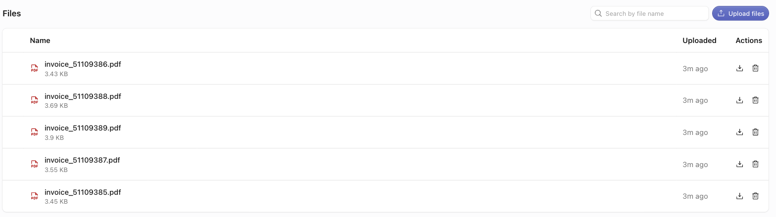 The space Files tab listing uploaded and processed invoice PDFs with their sizes and upload times